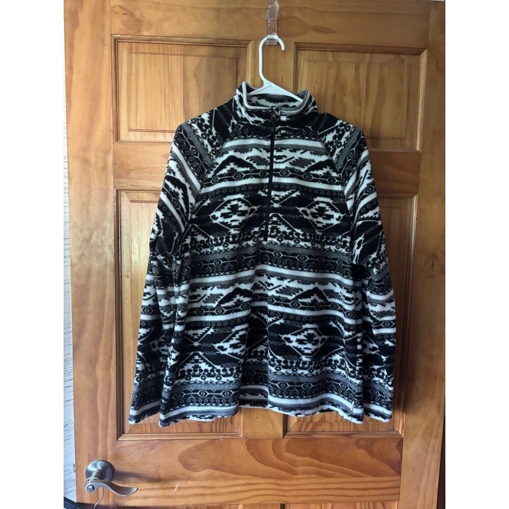 Eddie Bauer Womens 2XL Fleece Pullover Black White Aztec Geometric Quarter Zip